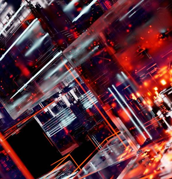Abstract futuristic cyber landscape with digital matrix and glowing lights.